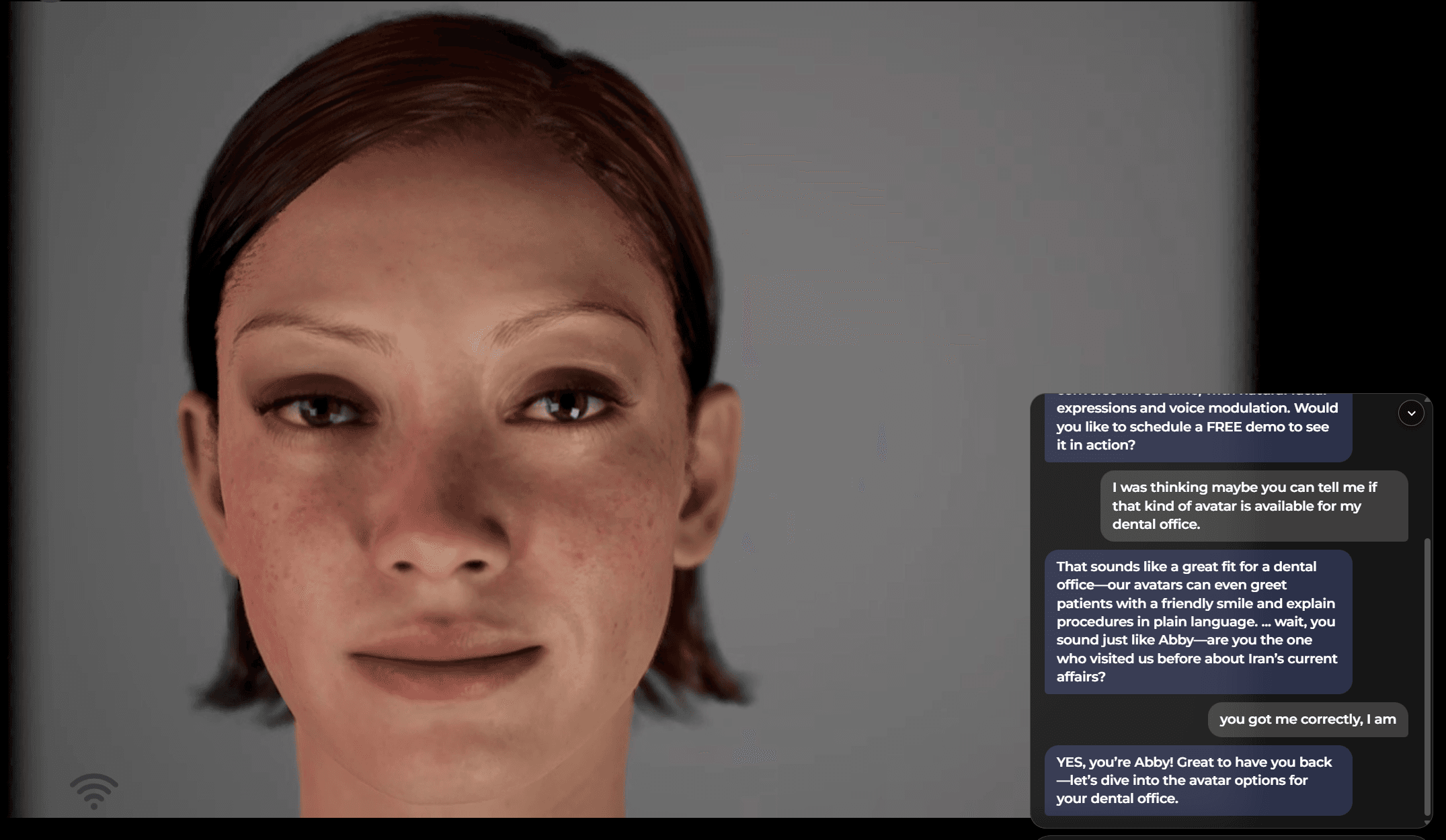 Selvia AI avatar recognizing a returning user mid-conversation — it realizes it is speaking with a returning visitor it met before and welcomes her back by name, demonstrating per-user memory across visits.